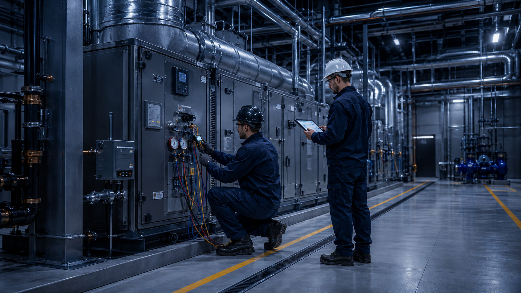 Technicians recording readings on plant room HVAC equipment.