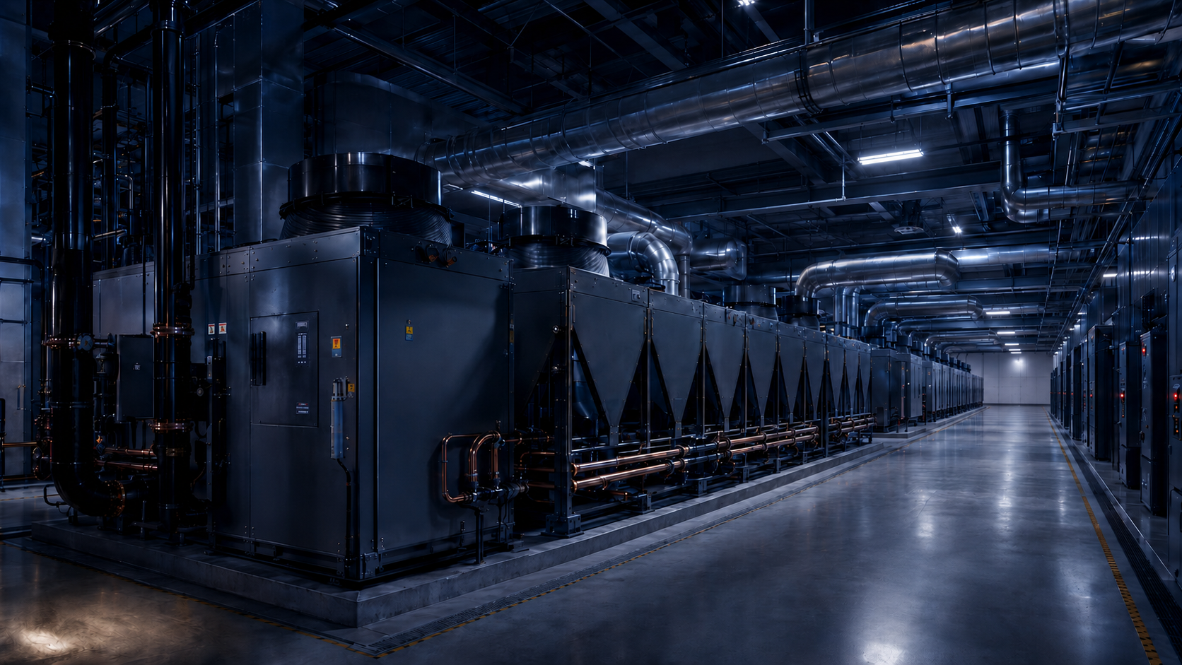 Chiller plant corridor with copper pipework and service access.