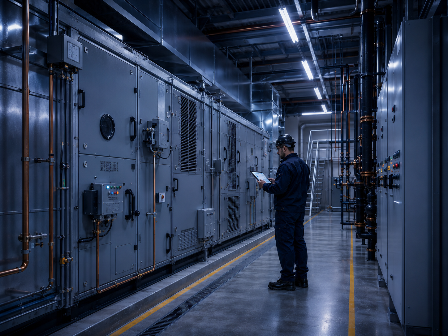 Technician inspecting a long AHU line with tablet-based service records.