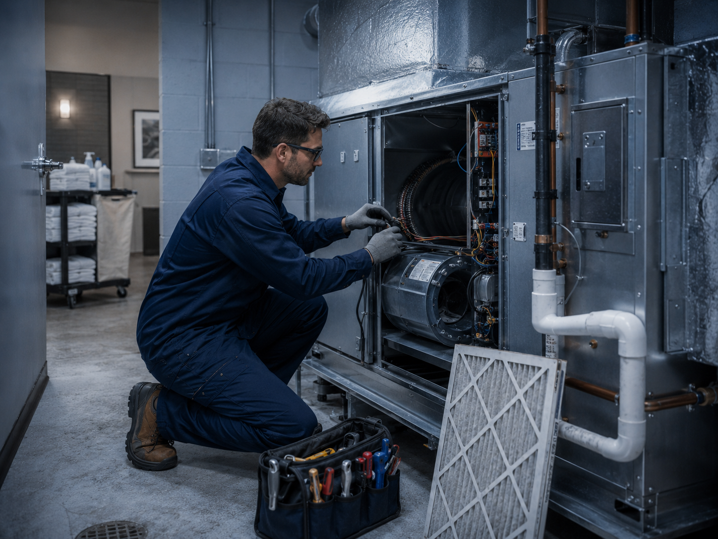 Technician tracing an AHU deficiency beside tools and removed filters.